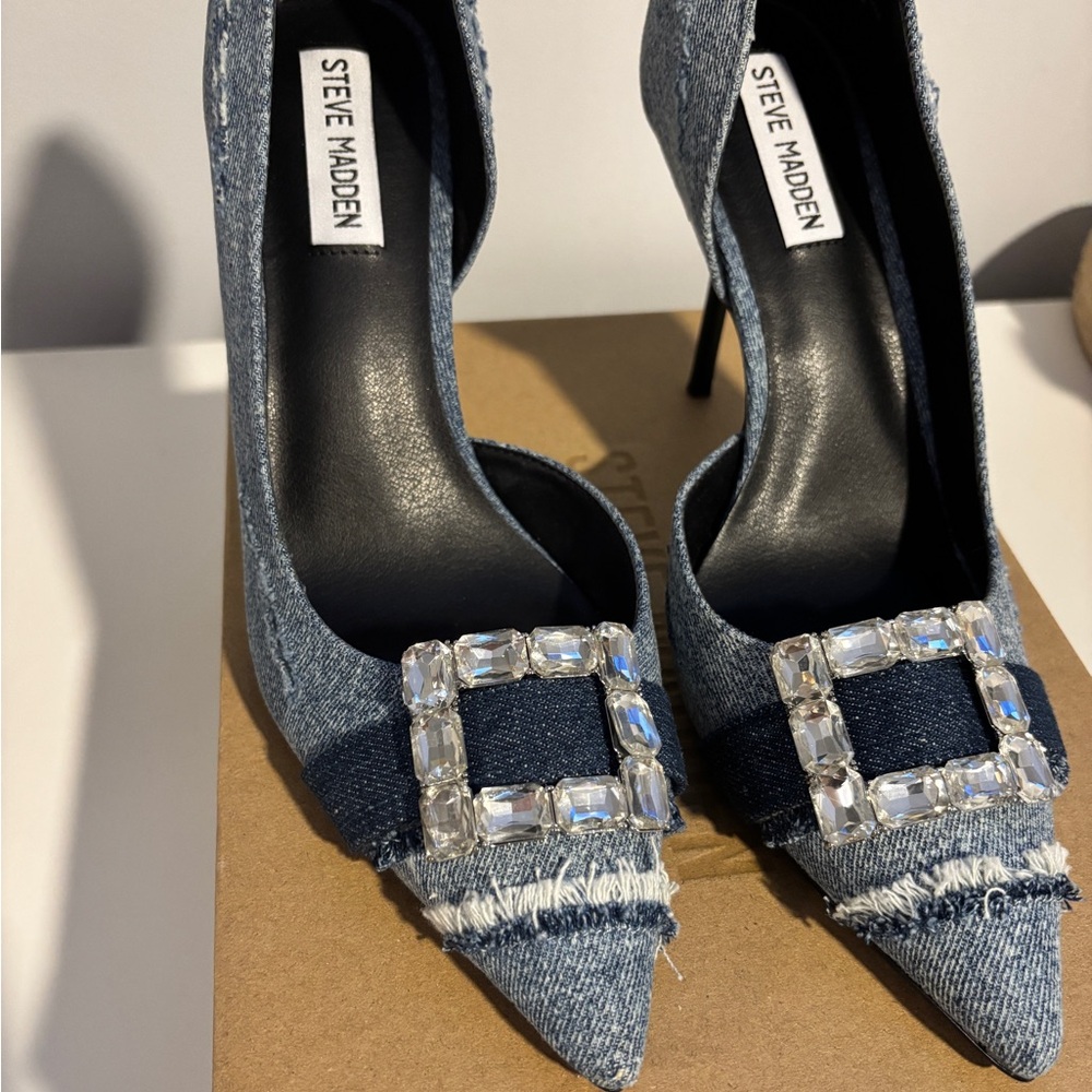 Steve Madden Crystal Buckle Denim Heels